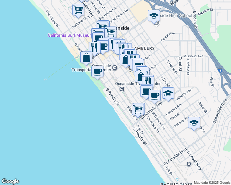 map of restaurants, bars, coffee shops, grocery stores, and more near 313 South Myers Street in Oceanside