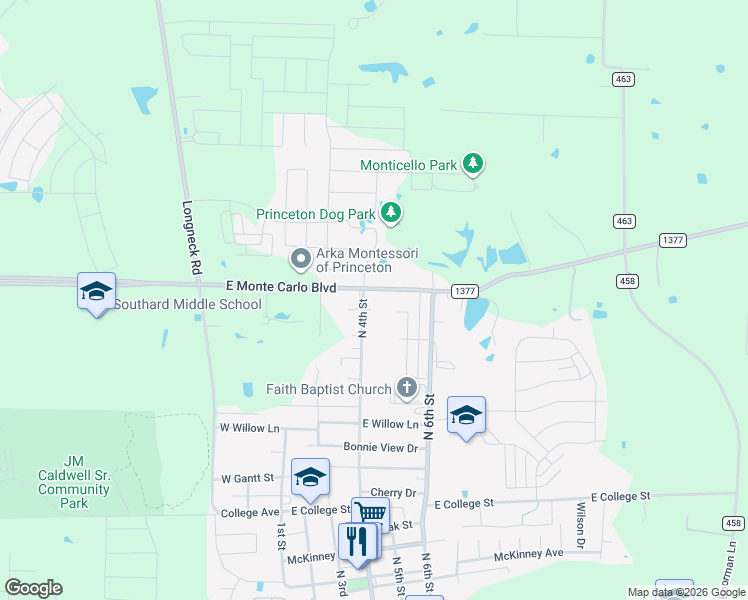 map of restaurants, bars, coffee shops, grocery stores, and more near 403 County Road 461 in Princeton