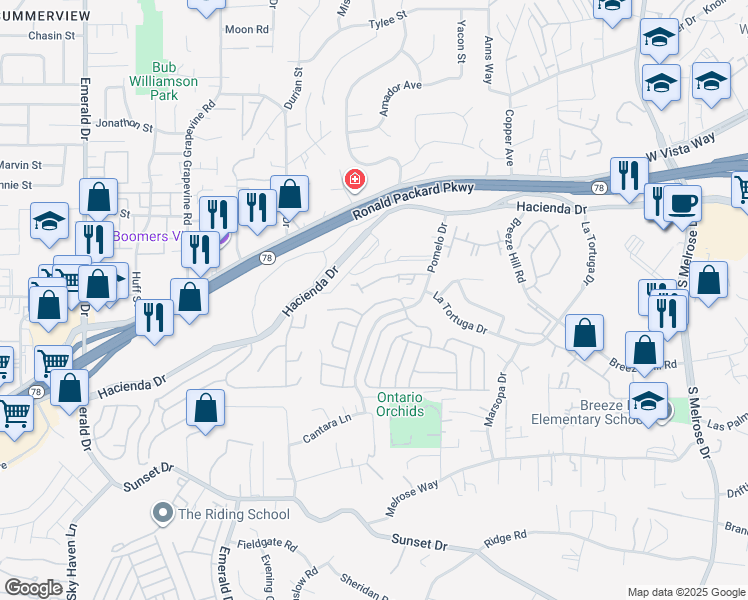 map of restaurants, bars, coffee shops, grocery stores, and more near 614 Paseo Rio in Vista