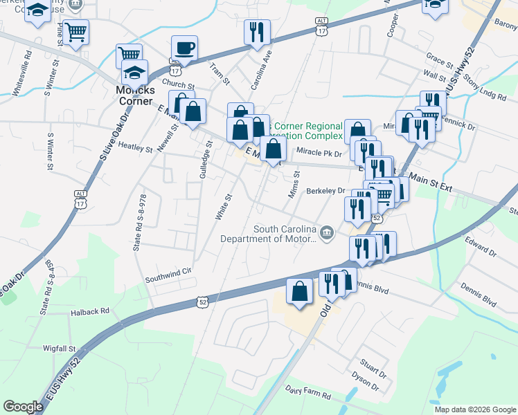 map of restaurants, bars, coffee shops, grocery stores, and more near 401 Altman Street in Moncks Corner
