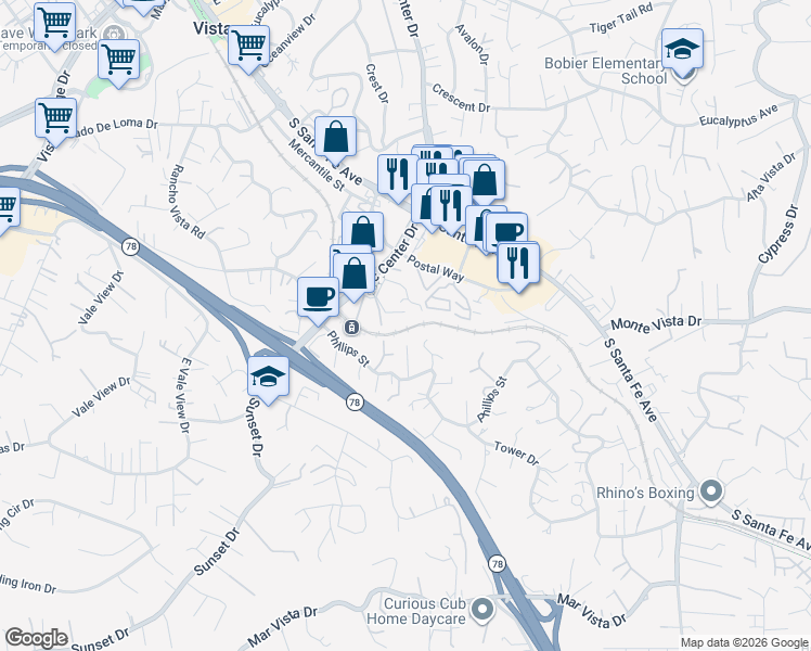 map of restaurants, bars, coffee shops, grocery stores, and more near in Vista