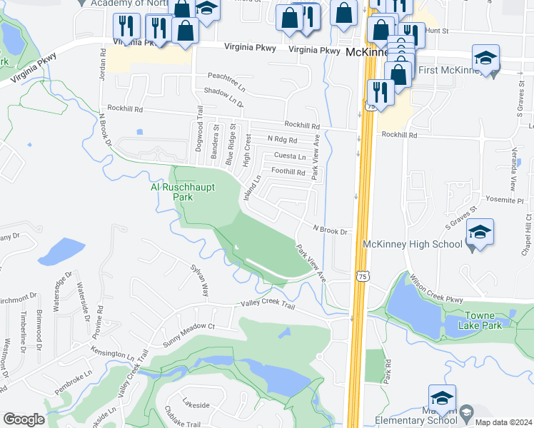 map of restaurants, bars, coffee shops, grocery stores, and more near 1105 Inland Lane in McKinney