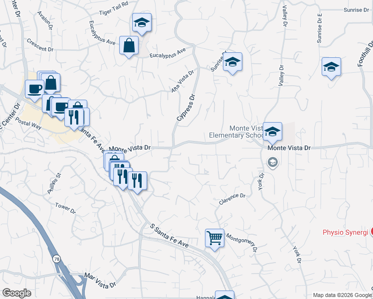 map of restaurants, bars, coffee shops, grocery stores, and more near 1124 Cypress Drive in Vista