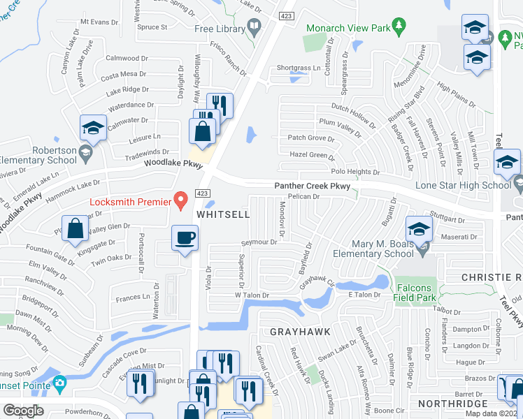 map of restaurants, bars, coffee shops, grocery stores, and more near 13441 Lime Ridge Drive in Frisco