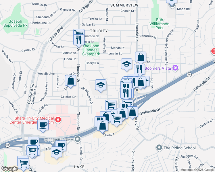 map of restaurants, bars, coffee shops, grocery stores, and more near 1969 West Drive in Vista