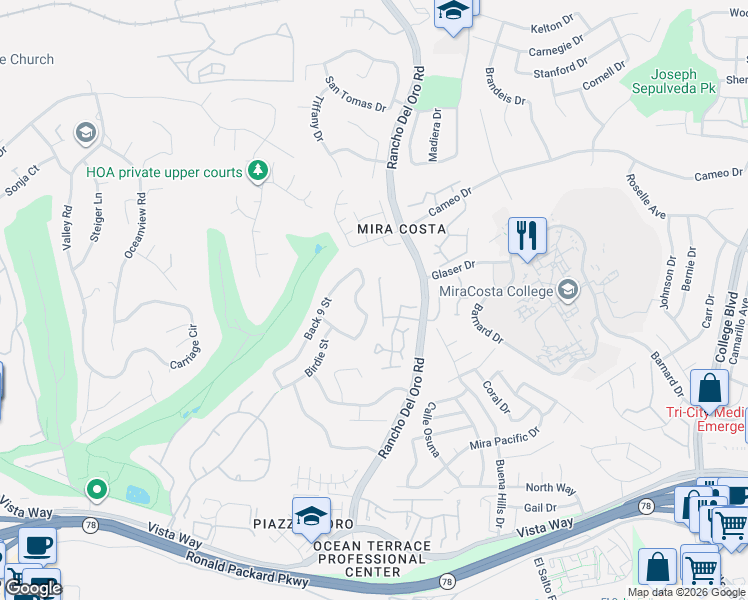 map of restaurants, bars, coffee shops, grocery stores, and more near 2322 Cartegena Way in Oceanside