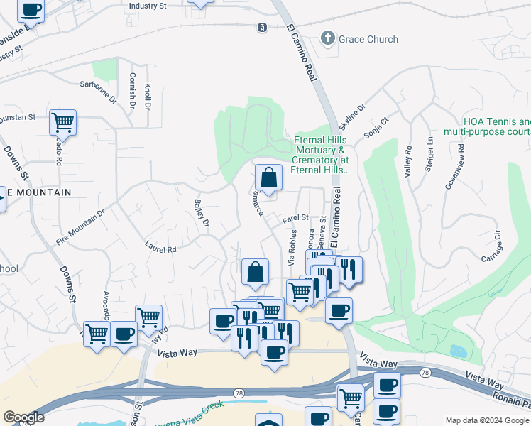 map of restaurants, bars, coffee shops, grocery stores, and more near 2104 Costa Vista Way in Oceanside