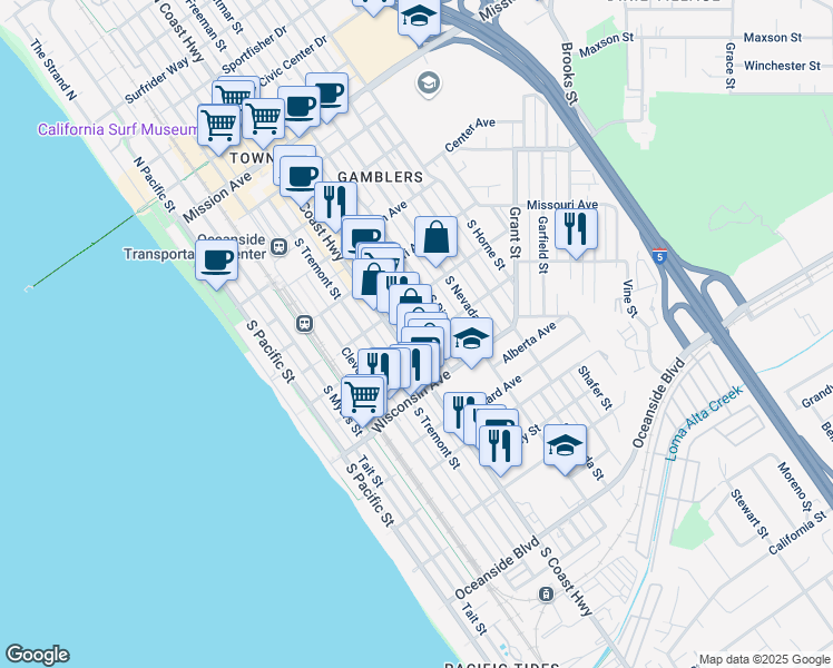 map of restaurants, bars, coffee shops, grocery stores, and more near 524 South Freeman Street in Oceanside