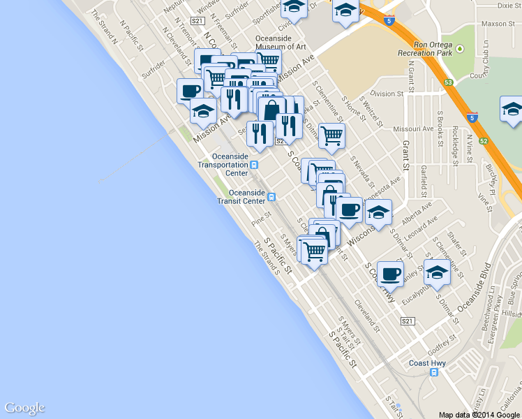 map of restaurants, bars, coffee shops, grocery stores, and more near 303 South Myers Street in Oceanside