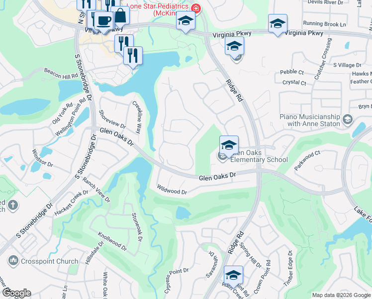 map of restaurants, bars, coffee shops, grocery stores, and more near 6305 Avalon Woods Drive in McKinney