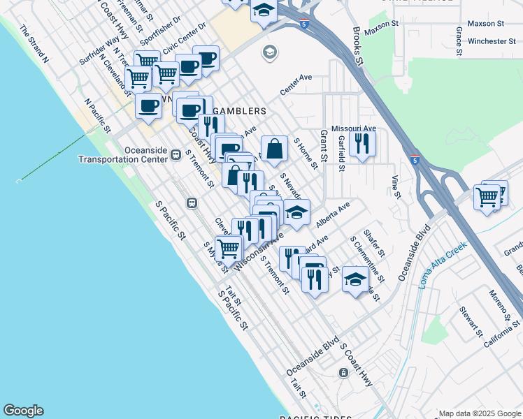 map of restaurants, bars, coffee shops, grocery stores, and more near 524 South Freeman Street in Oceanside