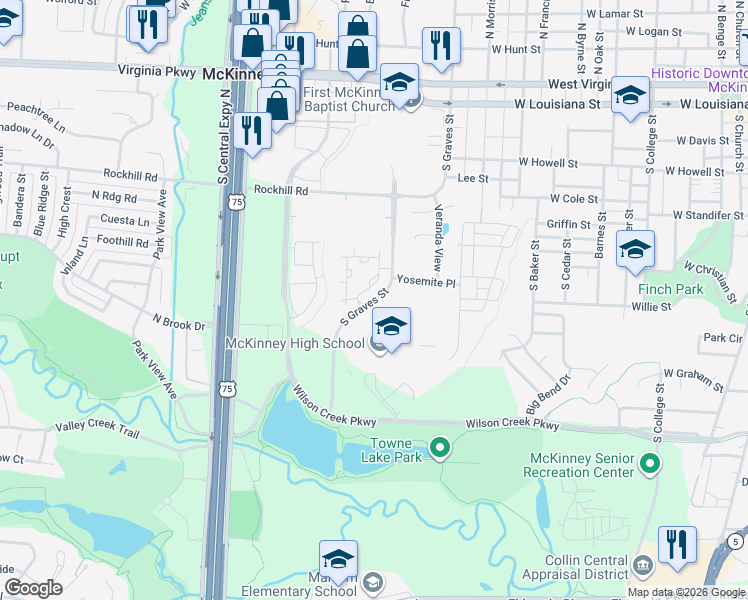 map of restaurants, bars, coffee shops, grocery stores, and more near 620 South Graves Street in McKinney