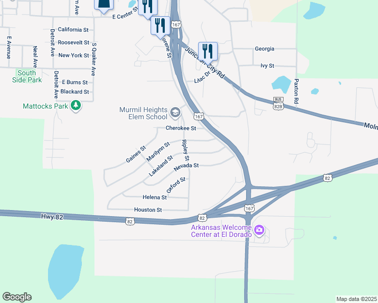 map of restaurants, bars, coffee shops, grocery stores, and more near 2412 Lakeland Street in El Dorado