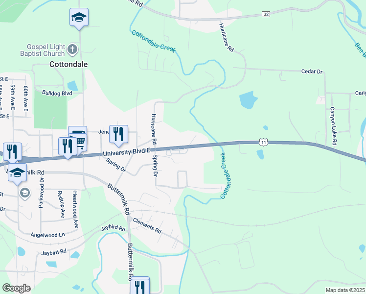 map of restaurants, bars, coffee shops, grocery stores, and more near 7220 University Boulevard East in Cottondale