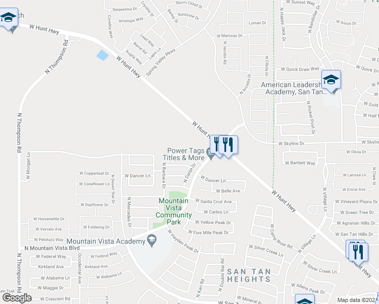 map of restaurants, bars, coffee shops, grocery stores, and more near 3410 West Morgan Lane in Queen Creek