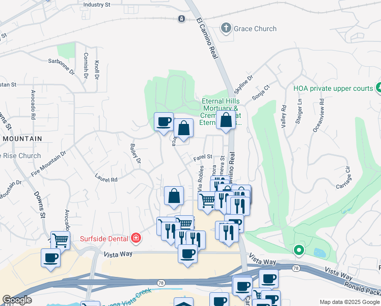 map of restaurants, bars, coffee shops, grocery stores, and more near 2659 Via Del Prado in Oceanside
