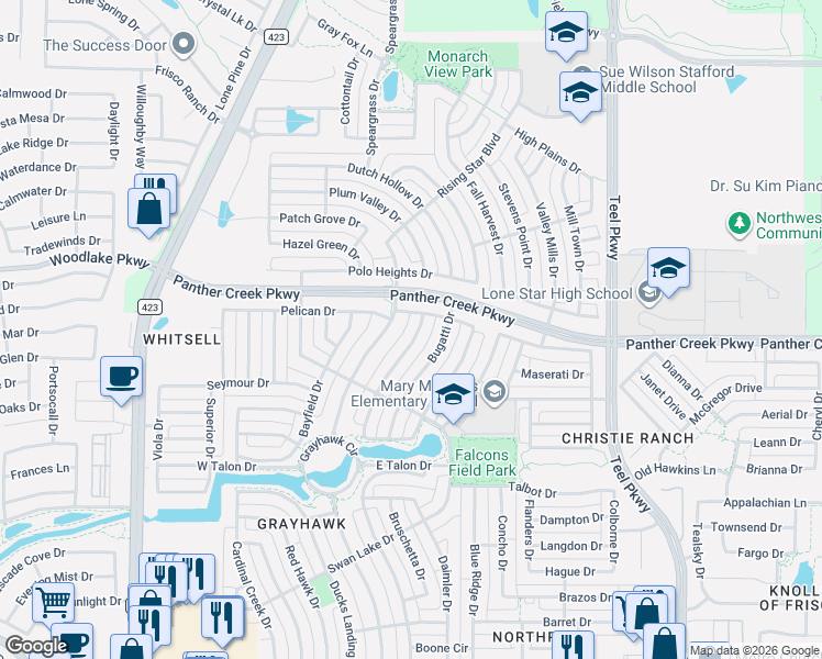 map of restaurants, bars, coffee shops, grocery stores, and more near 13473 Bavarian Drive in Frisco