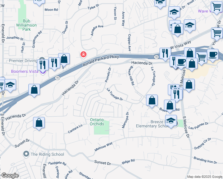 map of restaurants, bars, coffee shops, grocery stores, and more near 1181 La Tortuga Drive in Vista