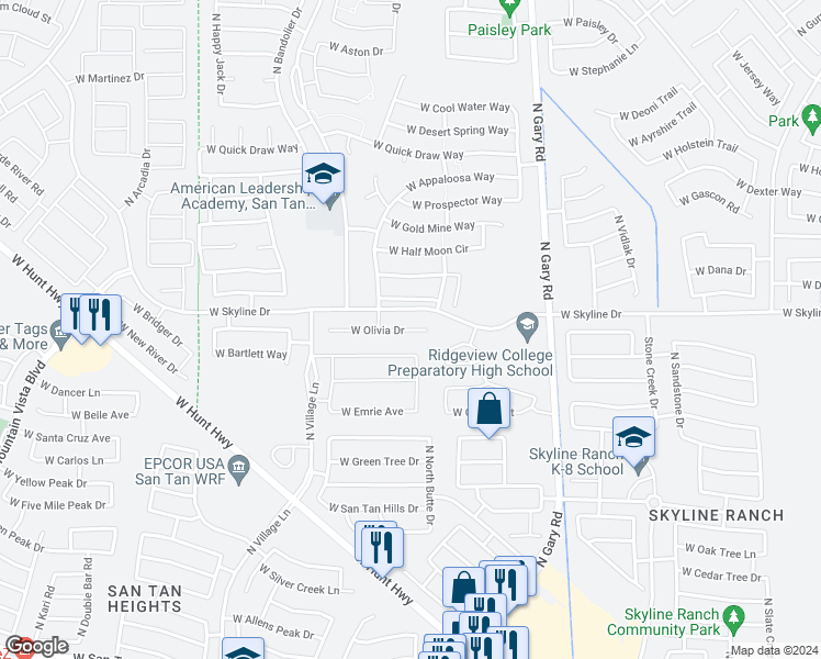 map of restaurants, bars, coffee shops, grocery stores, and more near 2036 West Olivia Drive in San Tan Valley