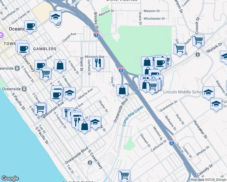 map of restaurants, bars, coffee shops, grocery stores, and more near 1115 Sea Glass Way in Oceanside