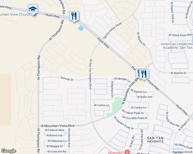 map of restaurants, bars, coffee shops, grocery stores, and more near 3860 West Morgan Lane in Queen Creek