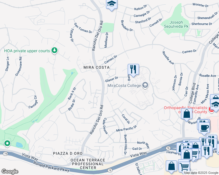 map of restaurants, bars, coffee shops, grocery stores, and more near 2315 Rancho Del Oro Drive in Oceanside