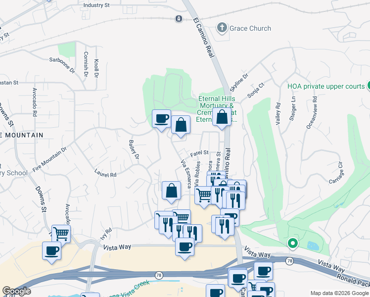 map of restaurants, bars, coffee shops, grocery stores, and more near 2698 Via Del Prado in Oceanside
