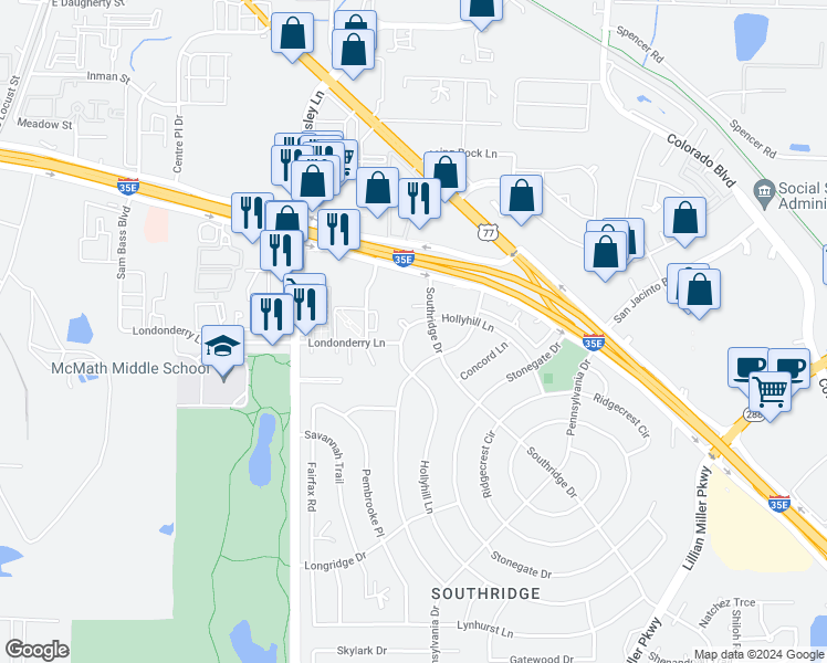 map of restaurants, bars, coffee shops, grocery stores, and more near 309 Hollyhill Lane in Denton