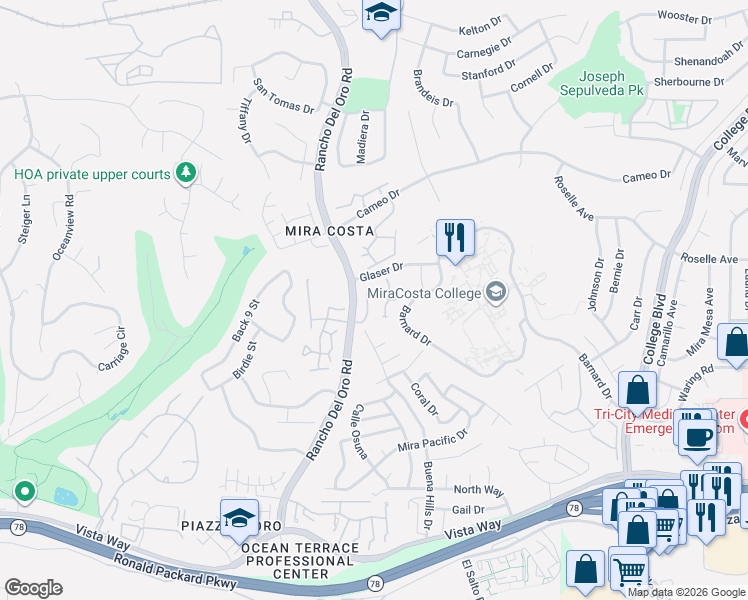 map of restaurants, bars, coffee shops, grocery stores, and more near 2395 Rancho Del Oro Road in Oceanside