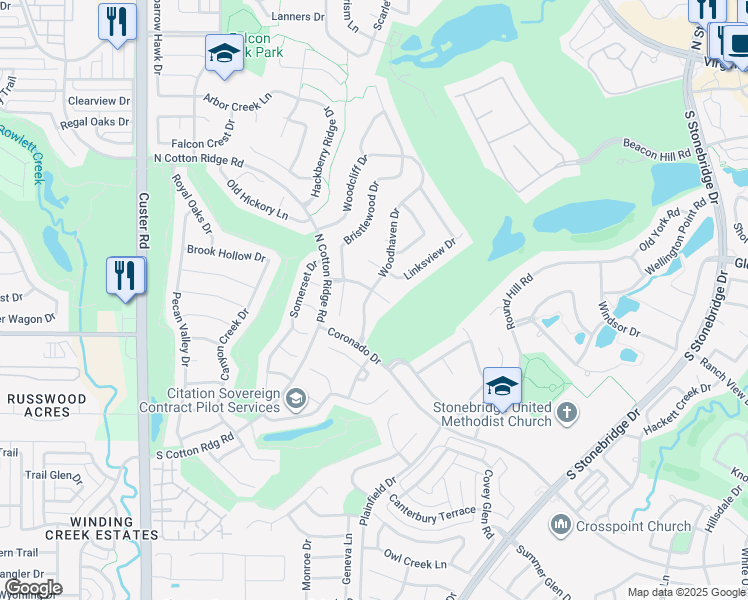 map of restaurants, bars, coffee shops, grocery stores, and more near 1401 Woodhaven Drive in McKinney