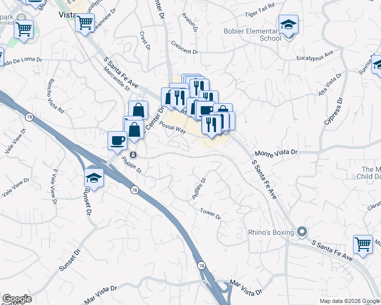 map of restaurants, bars, coffee shops, grocery stores, and more near 959 Postal Way in Vista