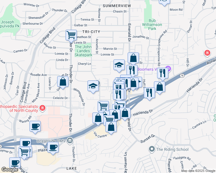 map of restaurants, bars, coffee shops, grocery stores, and more near 1901 West Drive in Vista