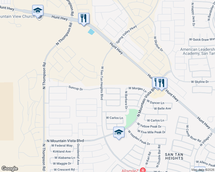 map of restaurants, bars, coffee shops, grocery stores, and more near 3860 West Morgan Lane in San Tan Valley