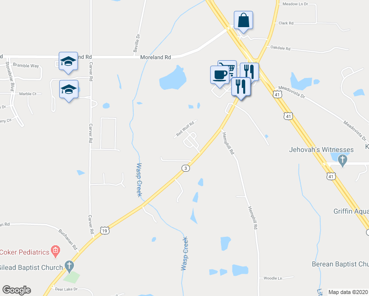 map of restaurants, bars, coffee shops, grocery stores, and more near 217 Timber Wolf Trail in Griffin