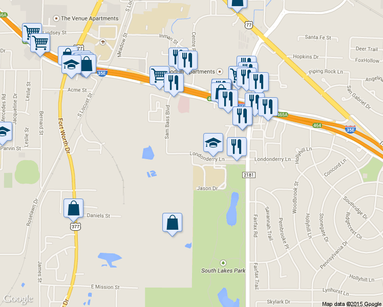map of restaurants, bars, coffee shops, grocery stores, and more near 501 Londonderry Lane in Denton