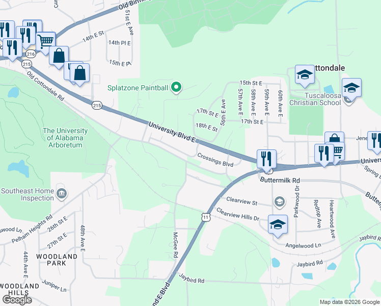 map of restaurants, bars, coffee shops, grocery stores, and more near 5390 University Boulevard East in Tuscaloosa