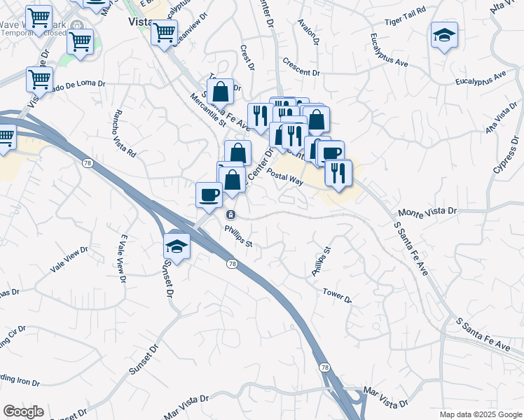 map of restaurants, bars, coffee shops, grocery stores, and more near 836 Sinkler Way in Vista