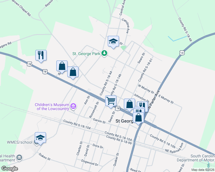 map of restaurants, bars, coffee shops, grocery stores, and more near 204 Behling Street in Saint George