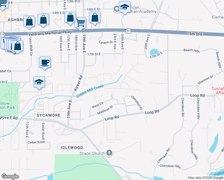 map of restaurants, bars, coffee shops, grocery stores, and more near 2241 21st Street East in Tuscaloosa