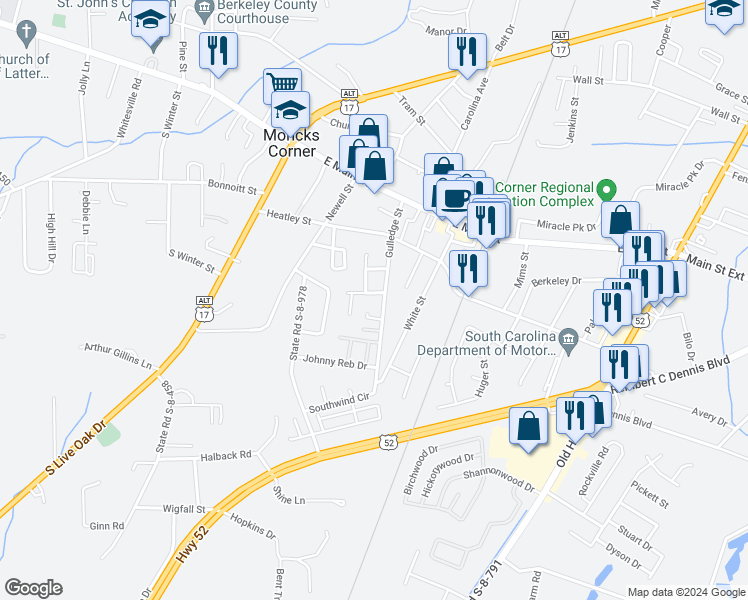 map of restaurants, bars, coffee shops, grocery stores, and more near 303 Julia Carolina Avenue in Moncks Corner