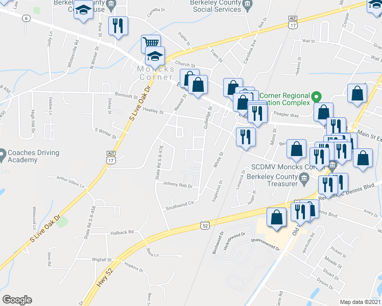 map of restaurants, bars, coffee shops, grocery stores, and more near 307 Julia Caroline Avenue in Moncks Corner