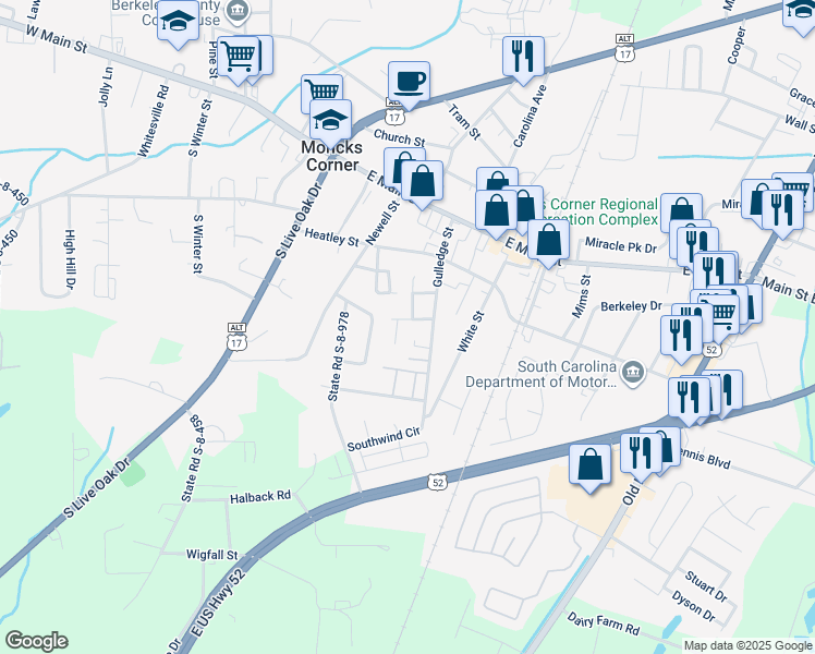 map of restaurants, bars, coffee shops, grocery stores, and more near 307 Julia Caroline Avenue in Moncks Corner