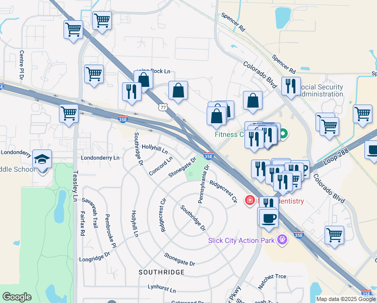 map of restaurants, bars, coffee shops, grocery stores, and more near 2303 Birchbrook Court in Denton