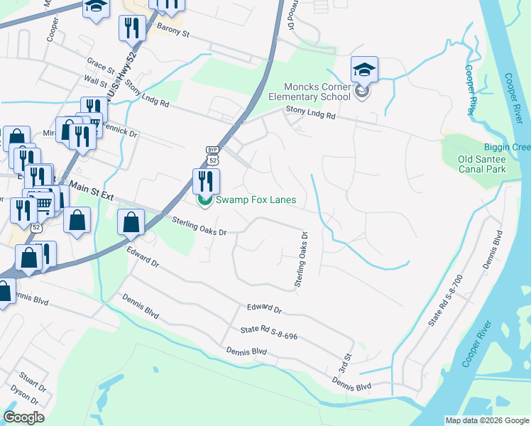map of restaurants, bars, coffee shops, grocery stores, and more near 1401 Sterling Oaks Dr in Moncks Corner