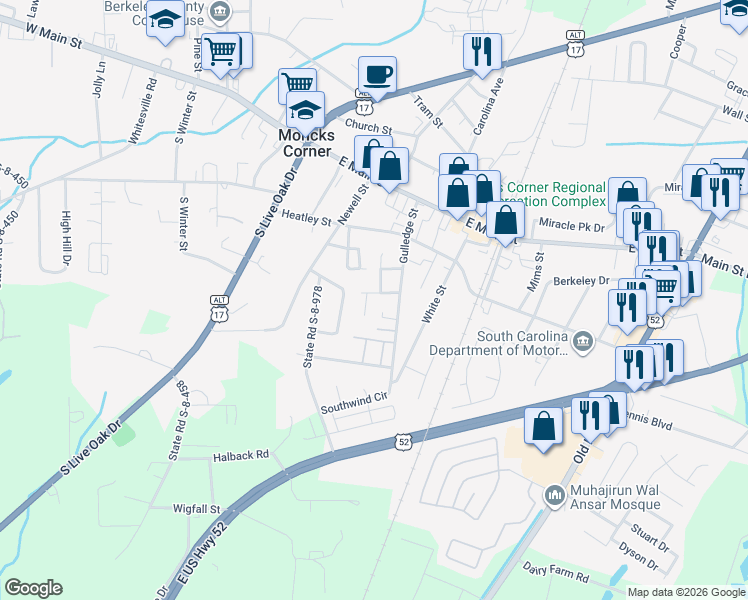 map of restaurants, bars, coffee shops, grocery stores, and more near 309 Julia Carolina Avenue in Moncks Corner