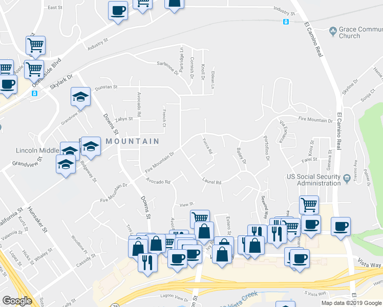 map of restaurants, bars, coffee shops, grocery stores, and more near 1724 Laurel Road in Oceanside