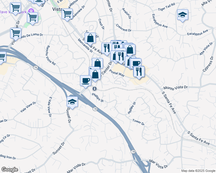map of restaurants, bars, coffee shops, grocery stores, and more near 836 Sinkler Way in Vista