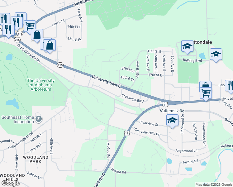 map of restaurants, bars, coffee shops, grocery stores, and more near 5390 University Boulevard East in Tuscaloosa