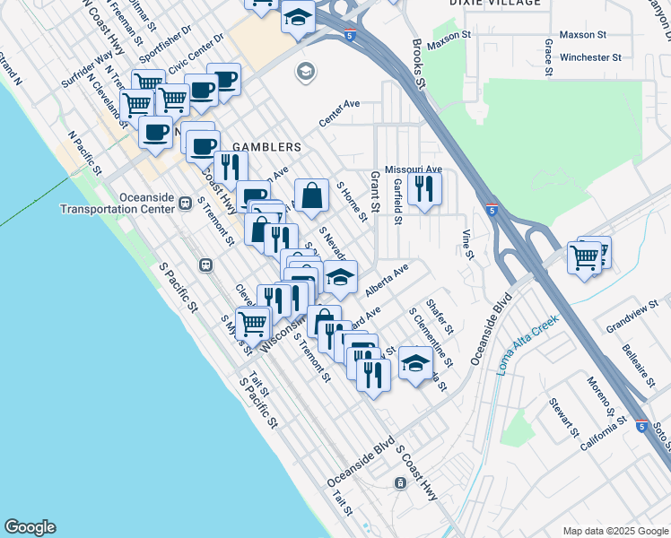 map of restaurants, bars, coffee shops, grocery stores, and more near 610 South Ditmar Street in Oceanside