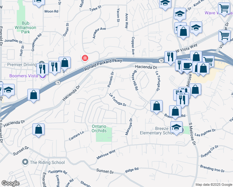 map of restaurants, bars, coffee shops, grocery stores, and more near 1181 La Tortuga Drive in Vista
